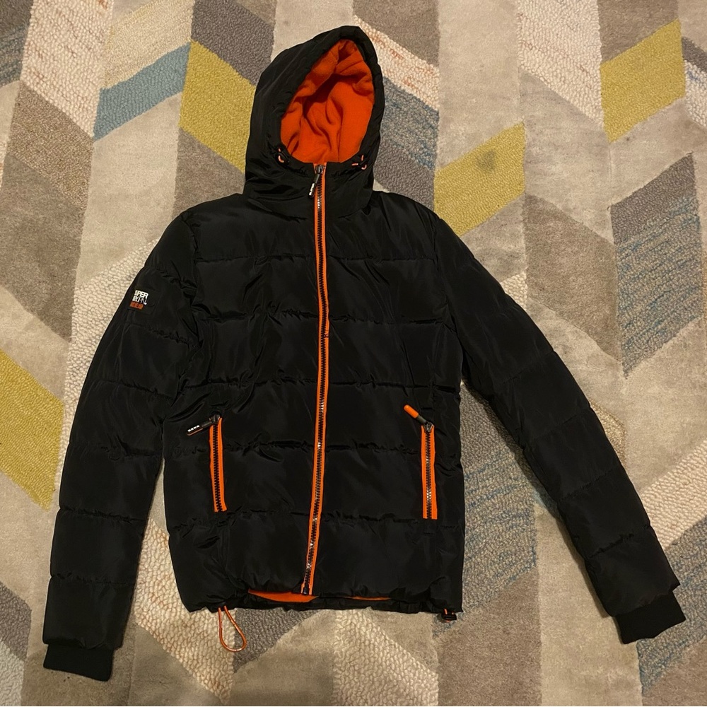 Superdry Black Puffer Jacket with Orange Trim, Medium